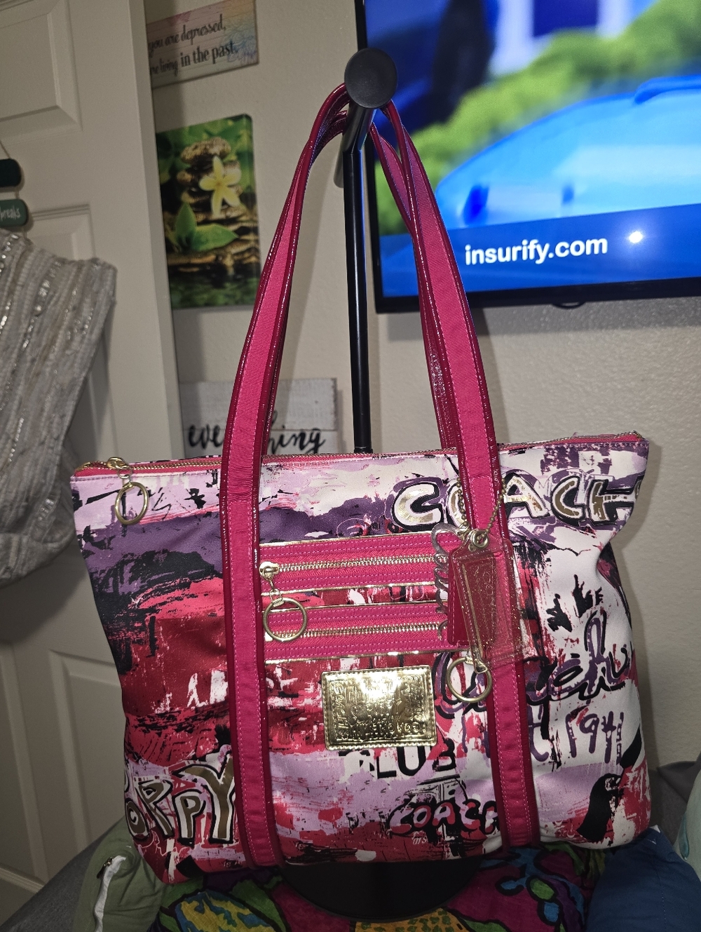 Coach Poppy Graffiti Glam Multicolor Satin Double Handle Zipper Tote Bag